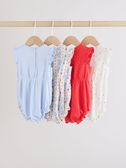 Blue Strawberry Frill Shoulder Baby Rompers 4 Pack Immediate
