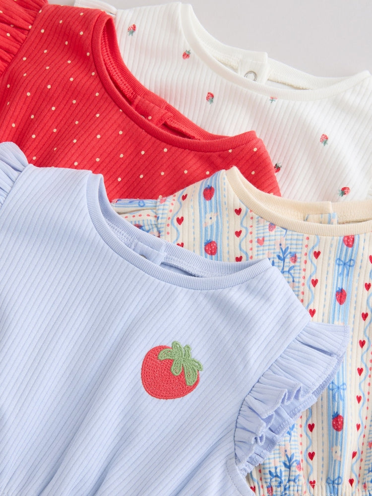 Blue Strawberry Frill Shoulder Baby Rompers 4 Pack Immediate