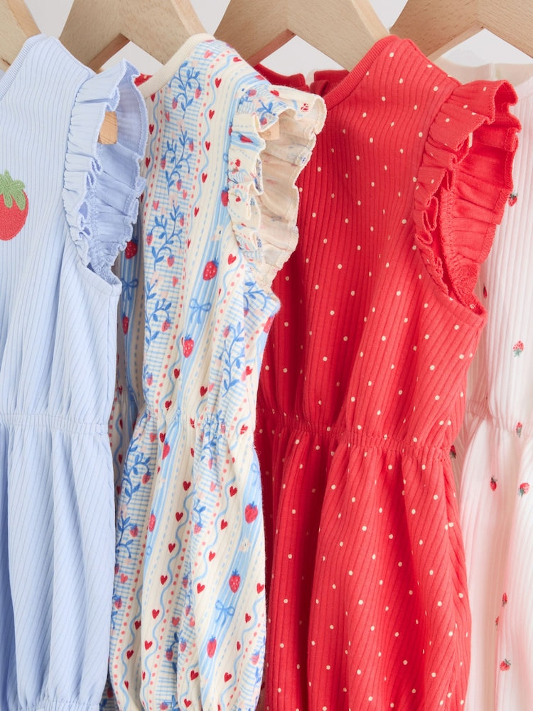 Blue Strawberry Frill Shoulder Baby Rompers 4 Pack Immediate