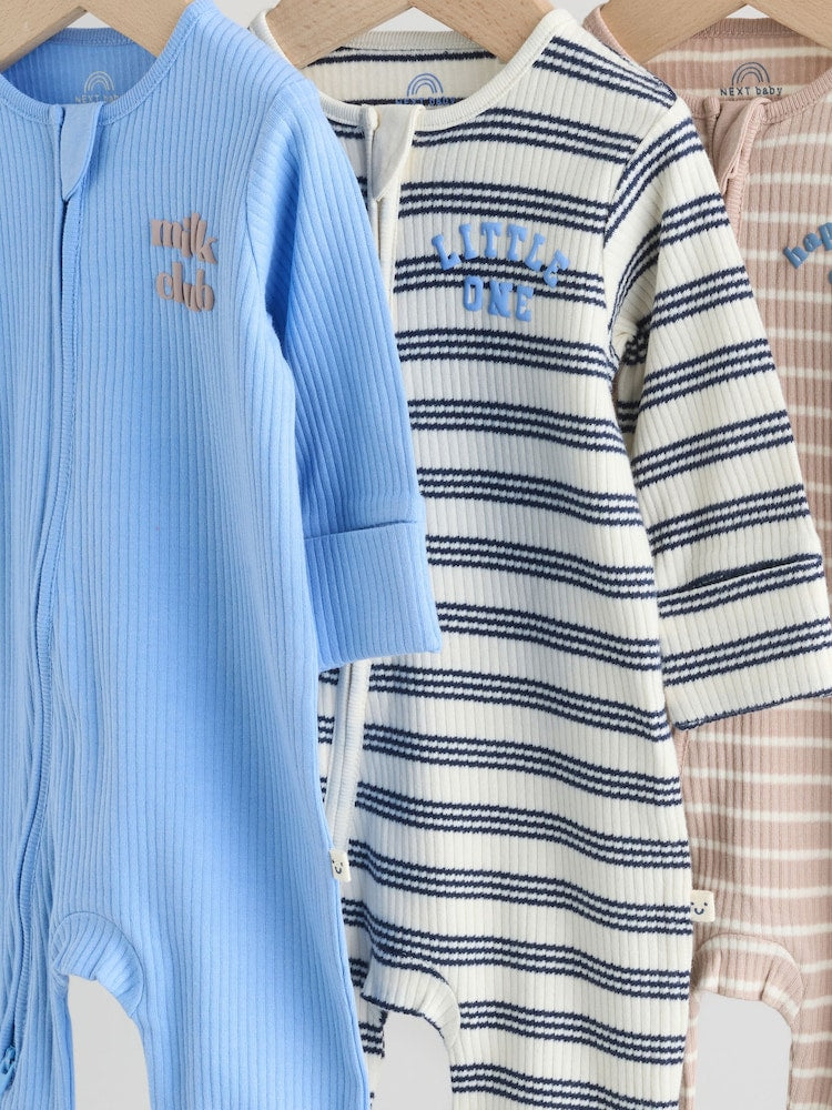 Blue Stripe Milk Club Two Way Zip Baby Sleepsuits 3 Pack (0mths-3yrs)