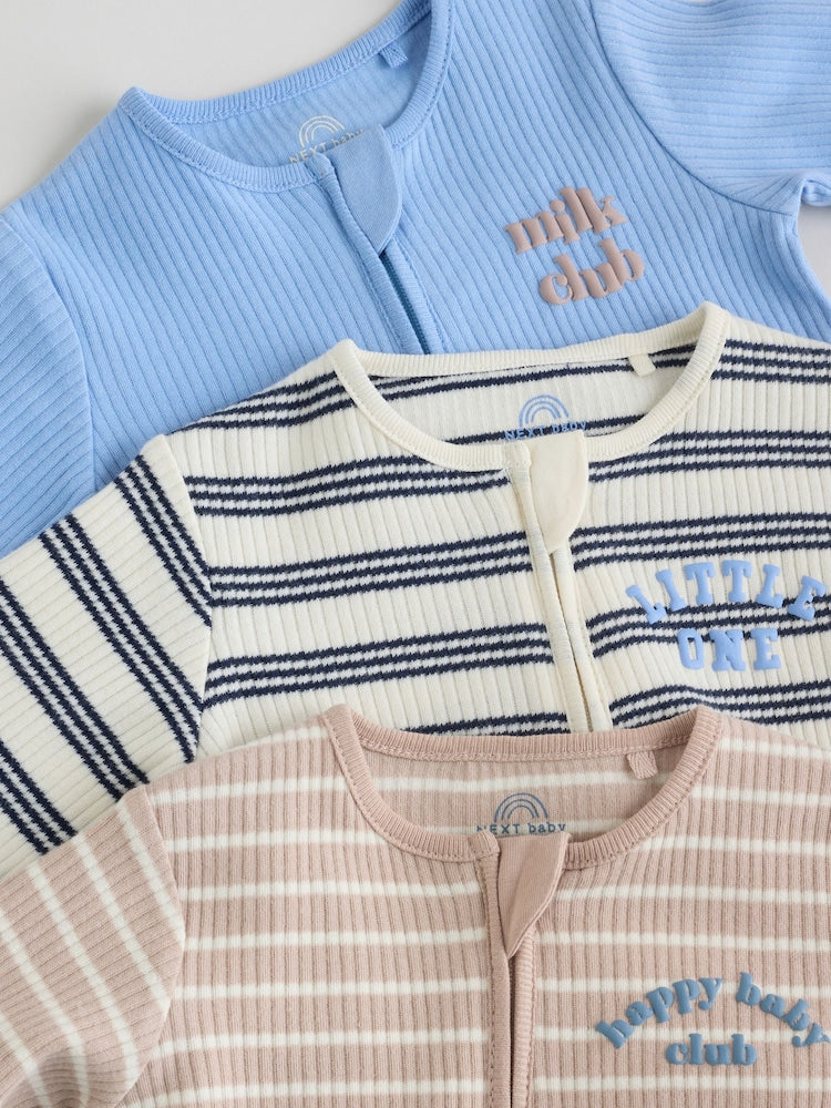 Blue Stripe Milk Club Two Way Zip Baby Sleepsuits 3 Pack (0mths-3yrs)