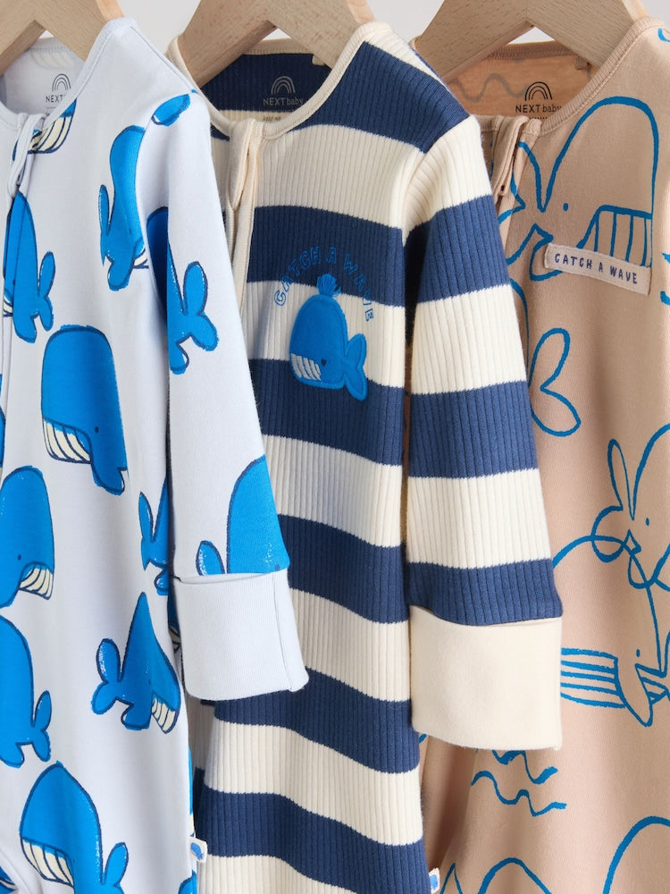 Blue Whale Two Way Zip Baby Sleepsuits 3 Pack (0mths-3yrs)
