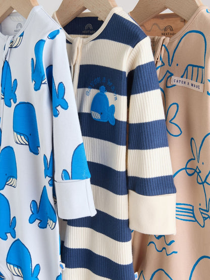Blue Whale Two Way Zip Baby Sleepsuits 3 Pack (0mths-3yrs)