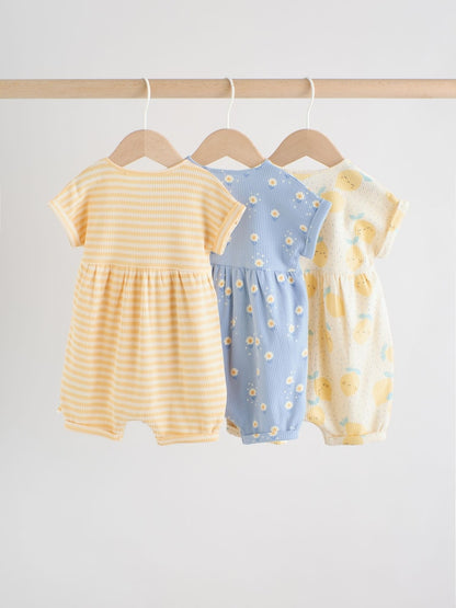 Blue and Lemon Printed Button T Shirt Jersey 3 Pack Baby Rompers