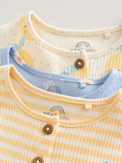 Blue and Lemon Printed Button T Shirt Jersey 3 Pack Baby Rompers
