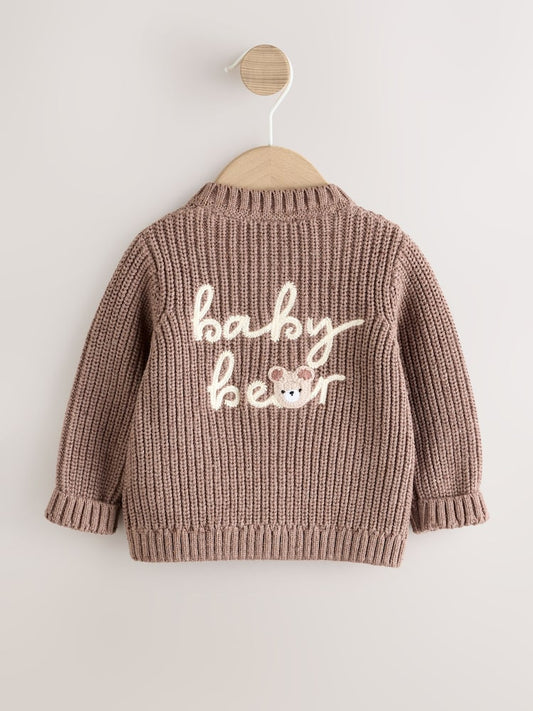 Brown Baby Bear Knitted Embroidered Baby Cardigan