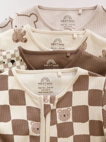 Brown Bear Two Way Zip Baby Sleepsuits 4 Pack Immediate