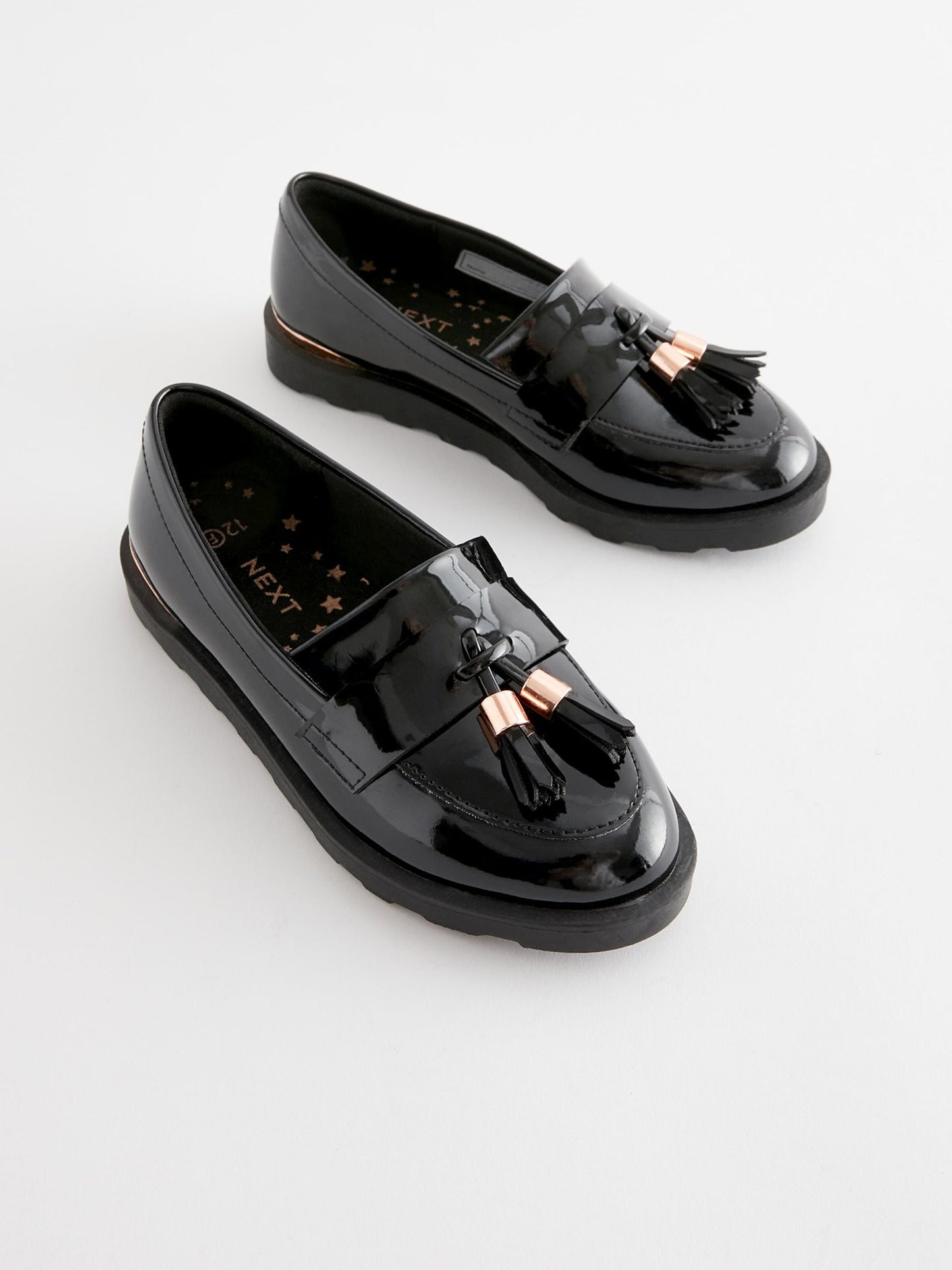 Black Rose Gold Standard Fit (F) School Tassel Patent Loafers image 1