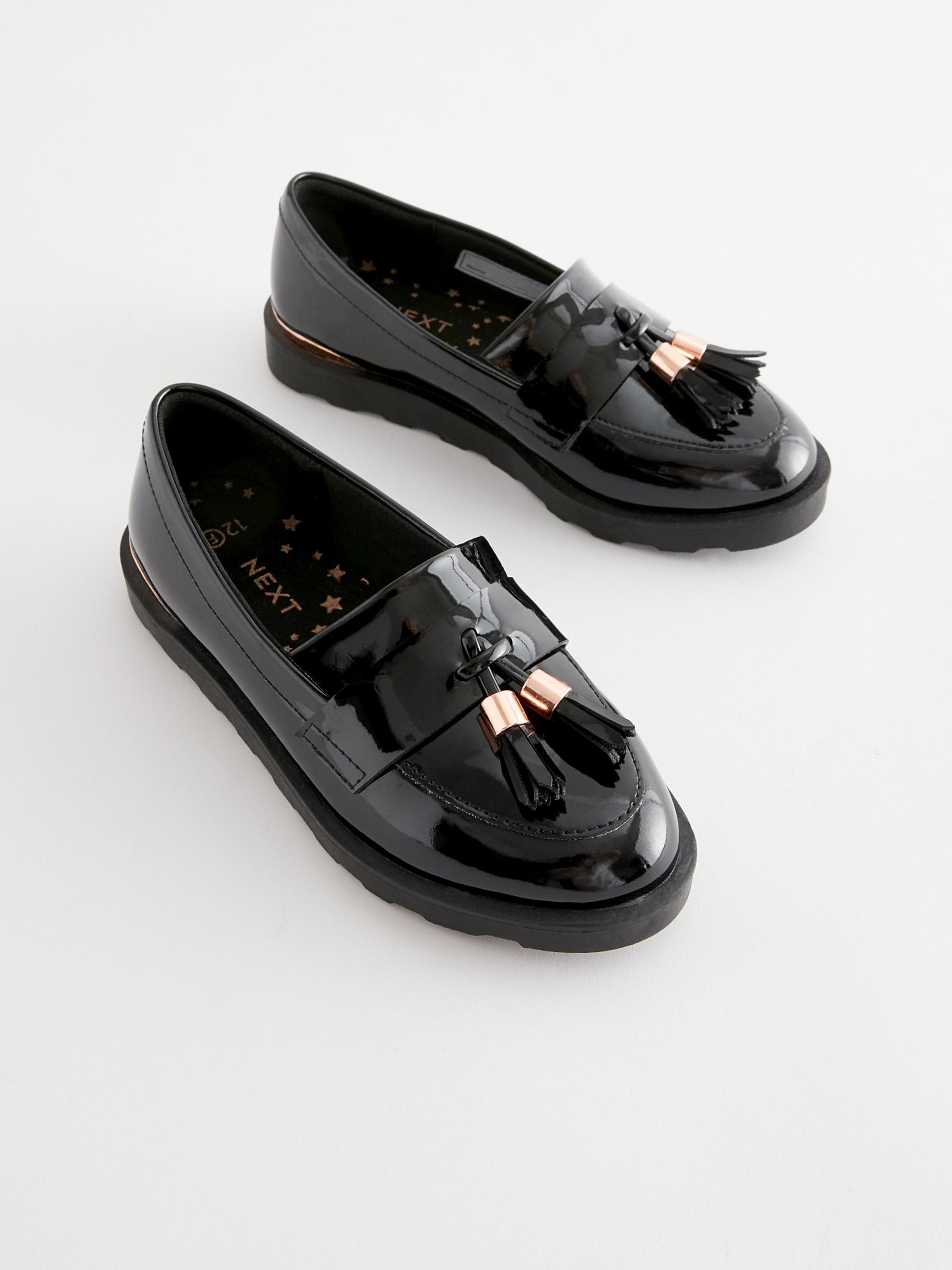 Black Rose Gold Standard Fit (F) School Tassel Patent Loafers image 1