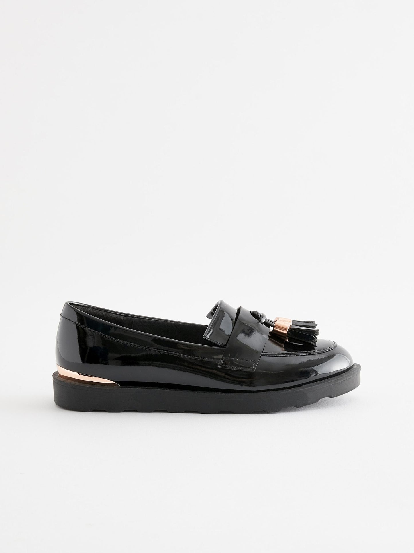 Black Rose Gold Standard Fit (F) School Tassel Patent Loafers image 2