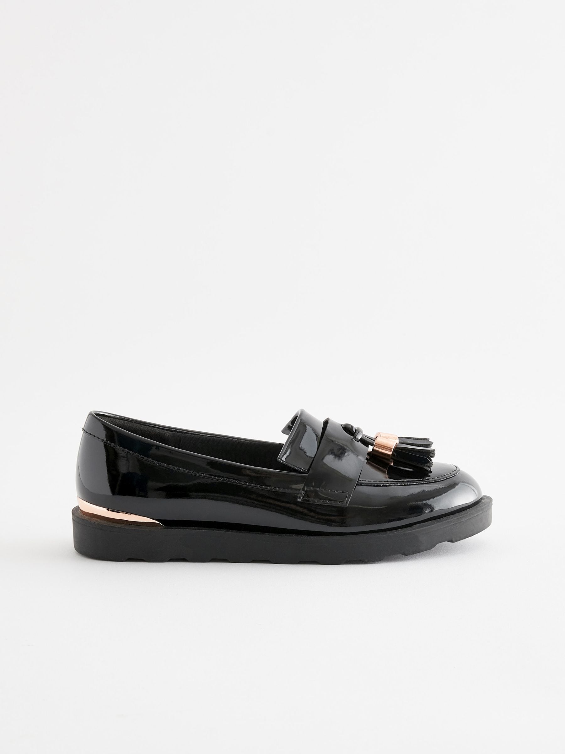 Black Rose Gold Standard Fit (F) School Tassel Patent Loafers image 2