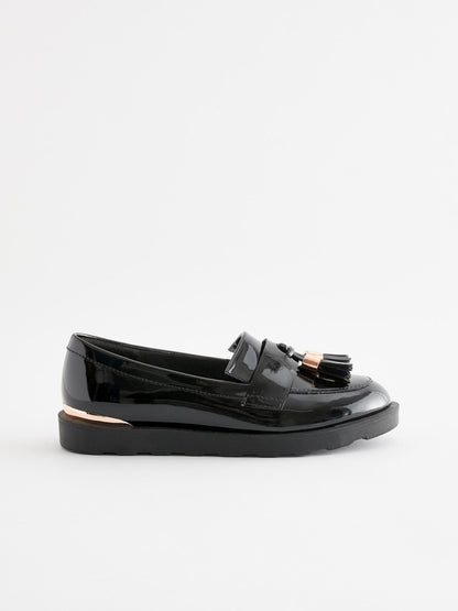 Black Rose Gold Standard Fit (F) School Tassel Patent Loafers image 2