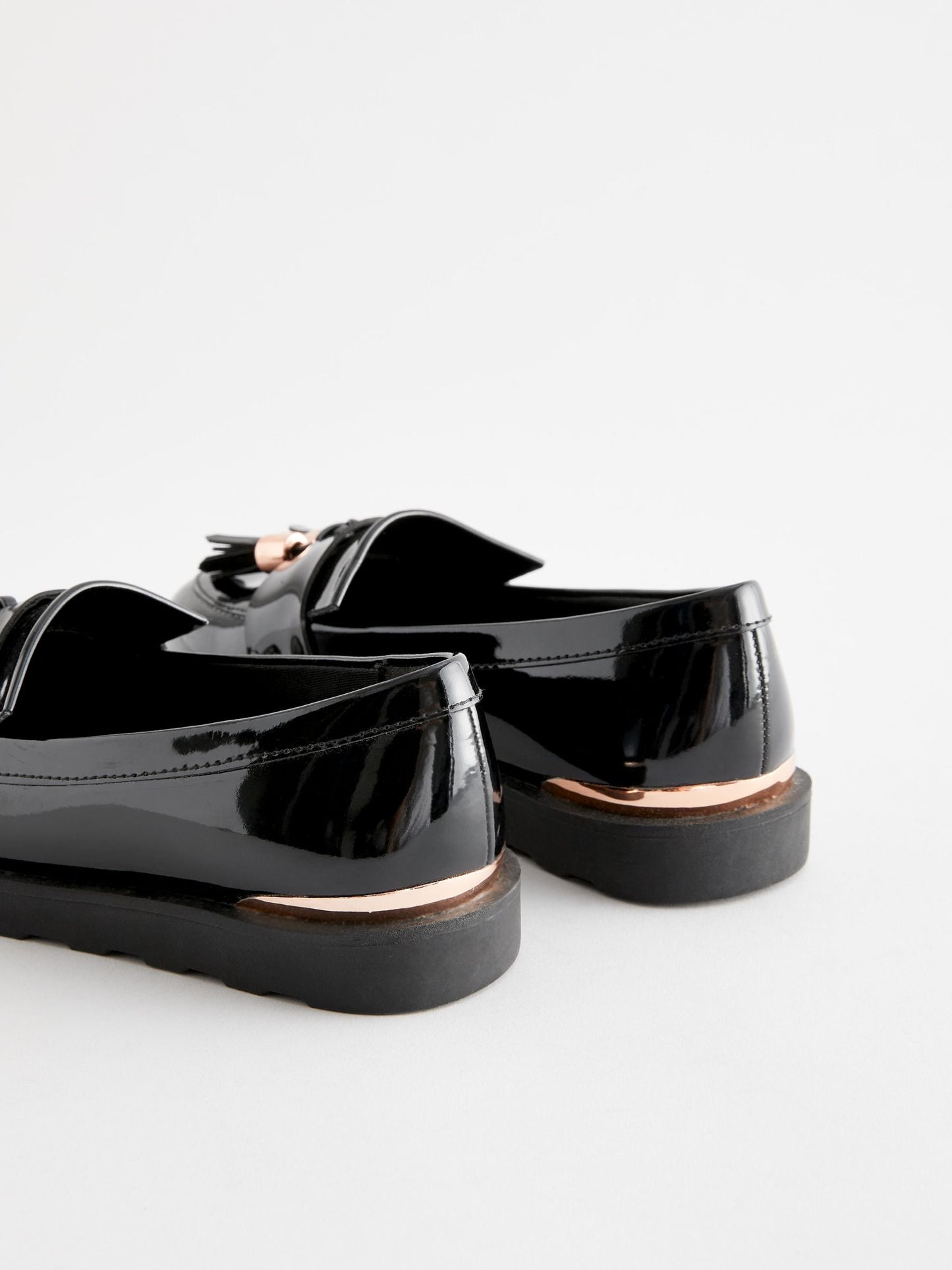 Black Rose Gold Standard Fit (F) School Tassel Patent Loafers image 5