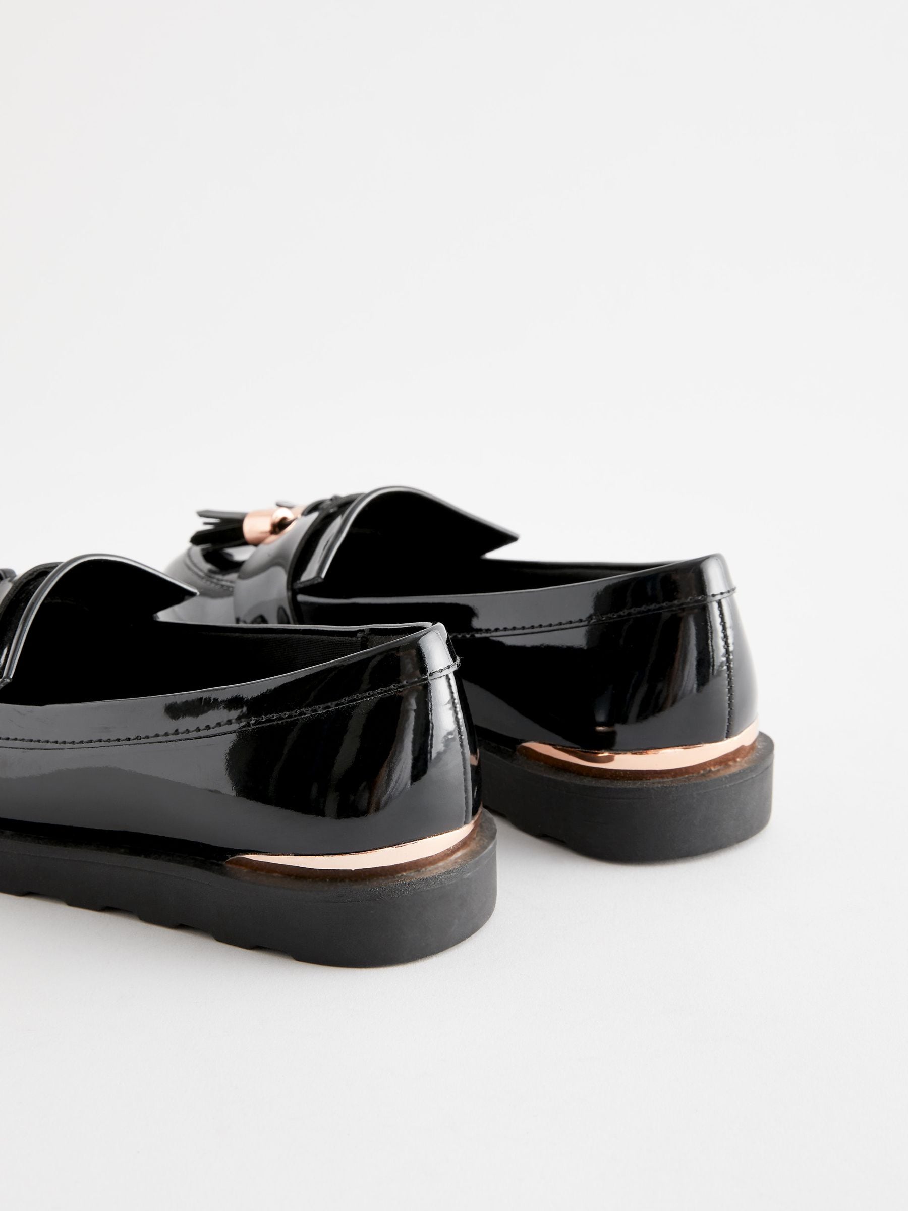 Black Rose Gold Standard Fit (F) School Tassel Patent Loafers image 5