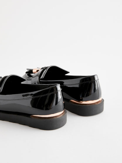 Black Rose Gold Standard Fit (F) School Tassel Patent Loafers image 5