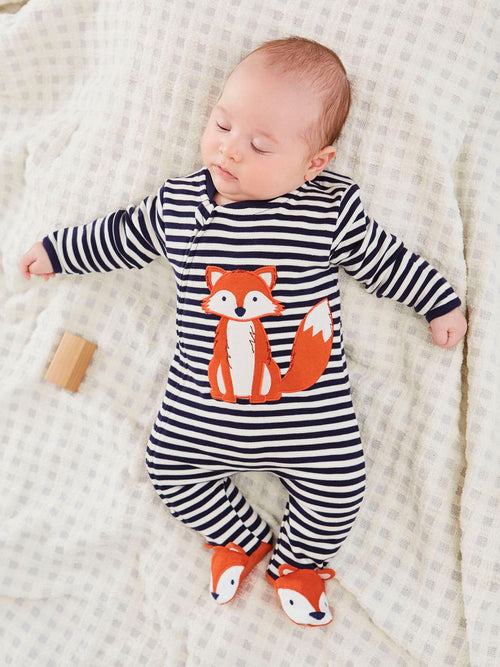JoJo Maman Bébé Navy Blue Ecru Cream Stripe Fox Appliqué Zip Cotton Baby Sleepsuit image 1