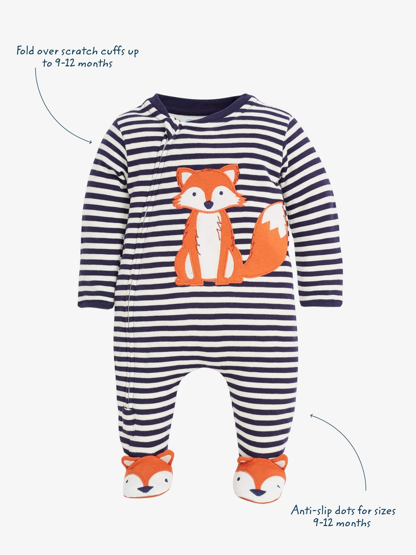 JoJo Maman Bébé Navy Blue Ecru Cream Stripe Fox Appliqué Zip Cotton Baby Sleepsuit image 3