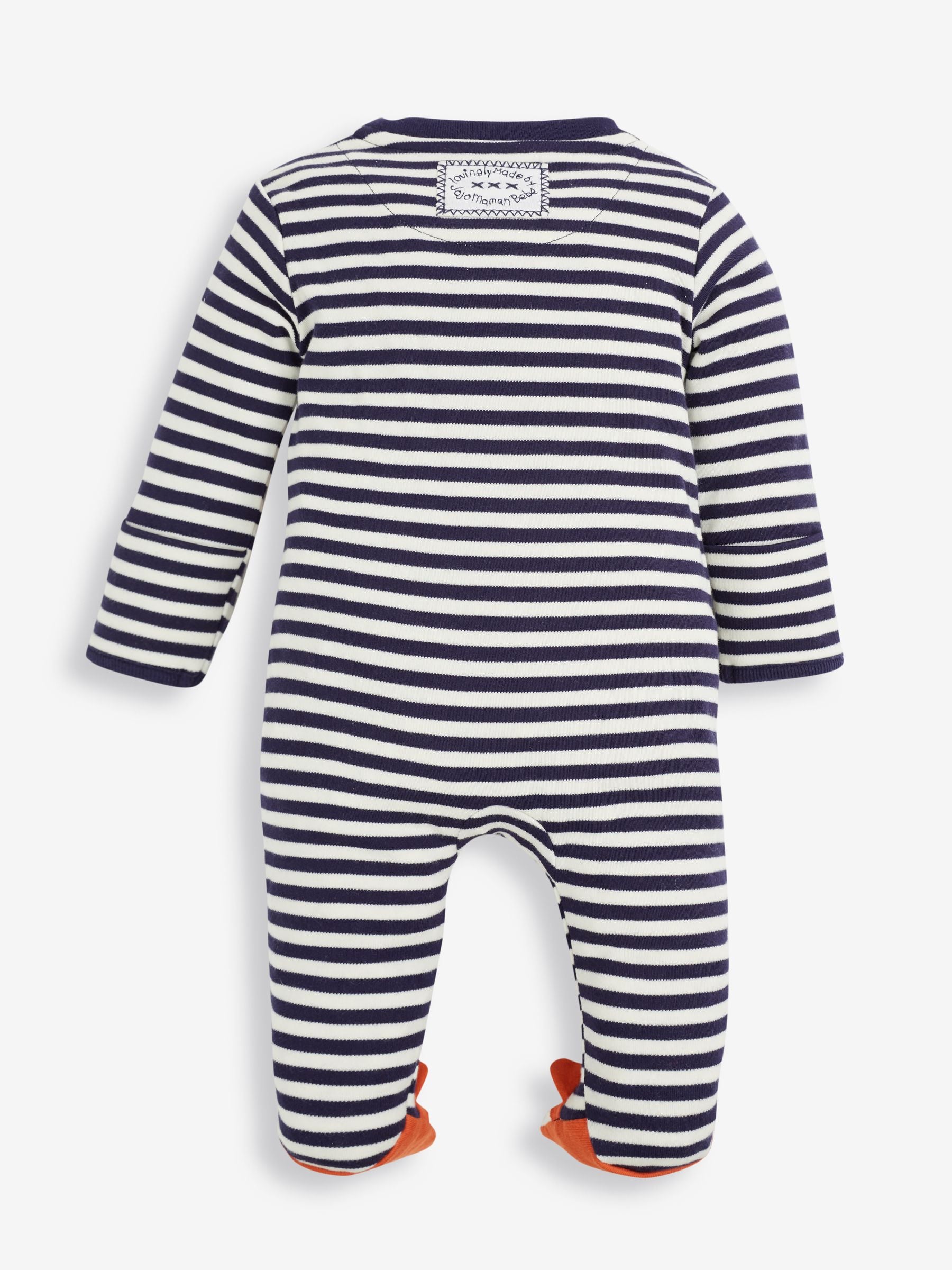 JoJo Maman Bébé Navy Blue Ecru Cream Stripe Fox Appliqué Zip Cotton Baby Sleepsuit image 5