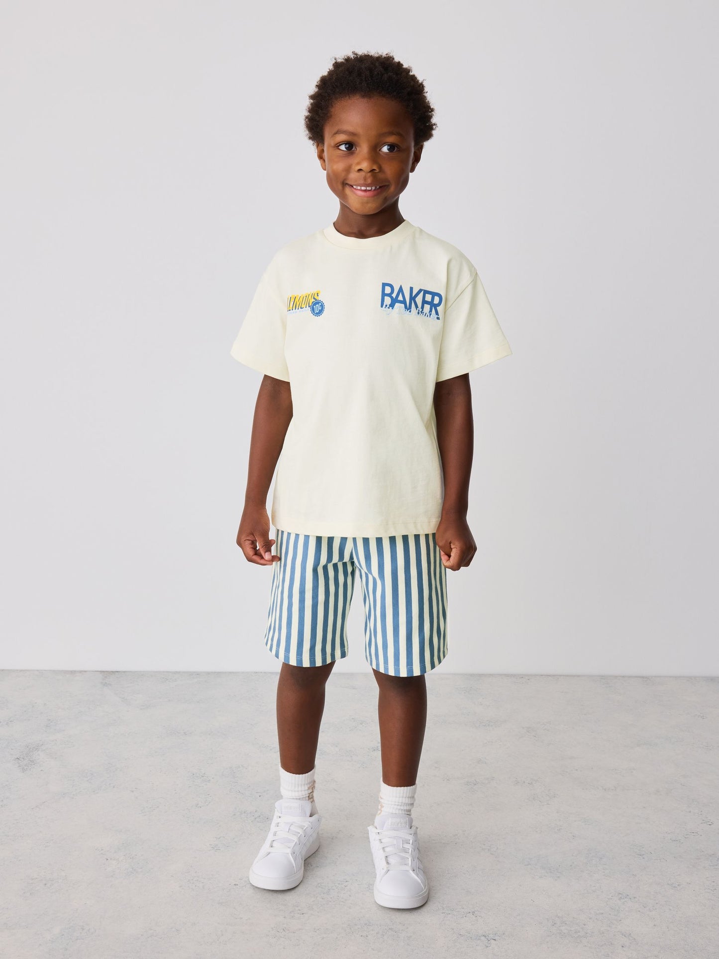 Dsiney Kidz - Baker by Ted Baker Stone/Blue Oversized Graphic T-Shirt and Striped Shorts Set image 1