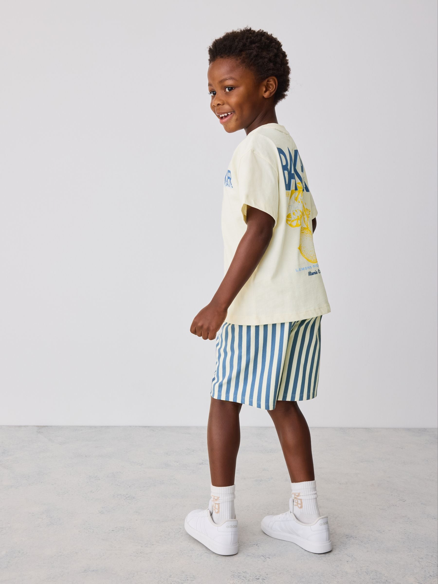 Dsiney Kidz - Baker by Ted Baker Stone/Blue Oversized Graphic T-Shirt and Striped Shorts Set image 2