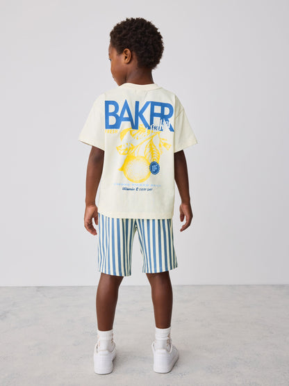 Dsiney Kidz - Baker by Ted Baker Stone/Blue Oversized Graphic T-Shirt and Striped Shorts Set image 5