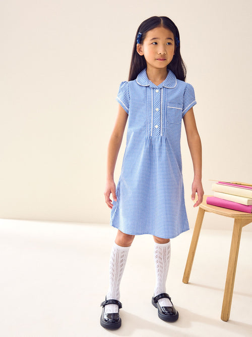 Dsiney Kidz - Mid Blue Cotton Rich Button Front Lace Gingham School Dress (3-14yrs) image 1