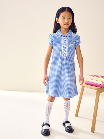 Mid Blue Cotton Rich Button Front Lace Gingham School Dress (3-14yrs) image 1