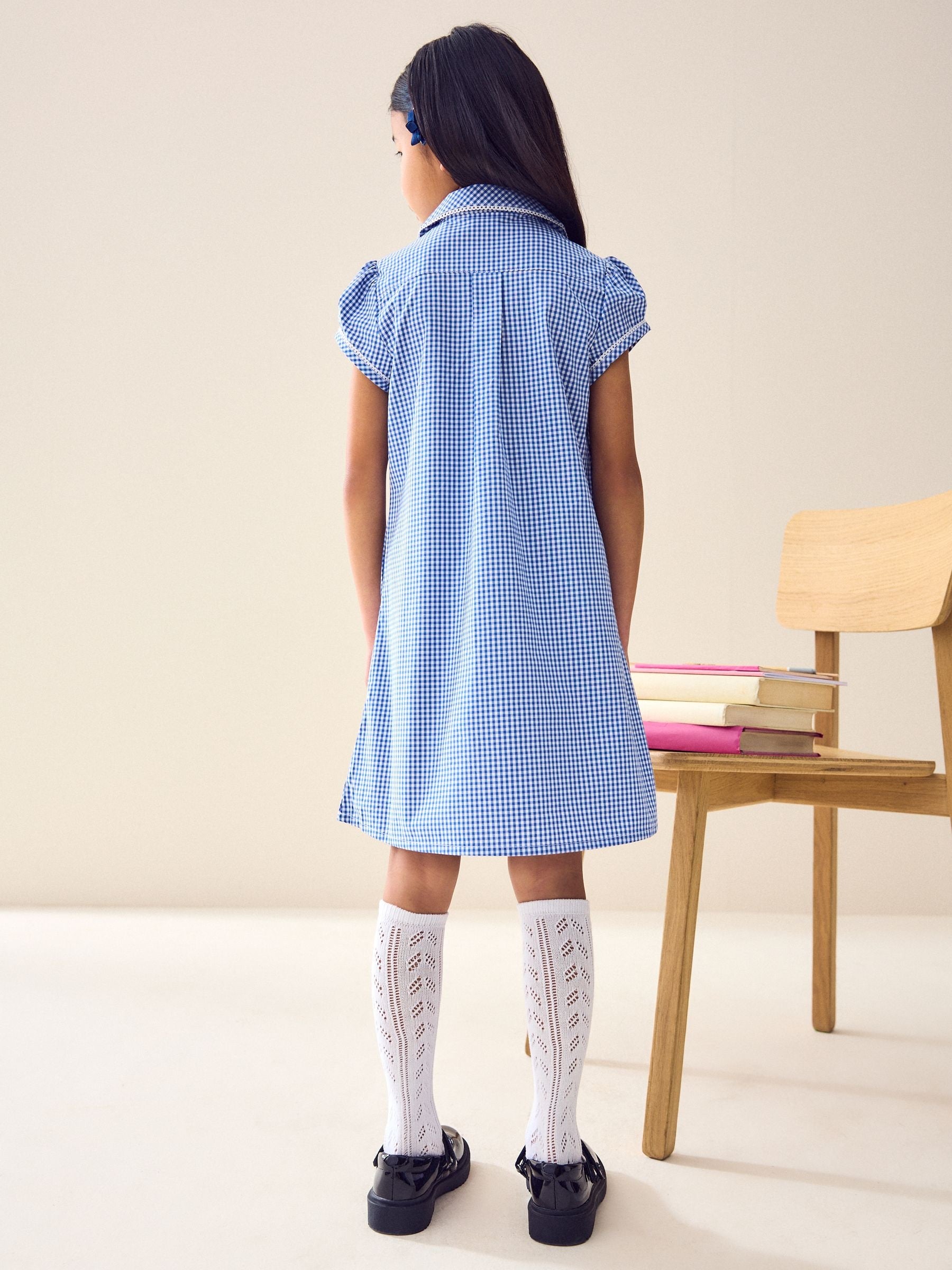 Mid Blue Cotton Rich Button Front Lace Gingham School Dress (3-14yrs) image 3