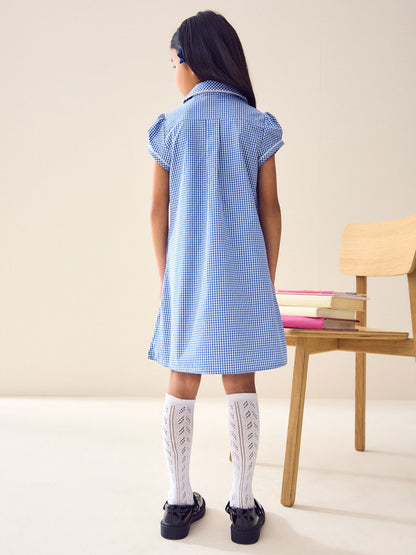 Mid Blue Cotton Rich Button Front Lace Gingham School Dress (3-14yrs) image 3