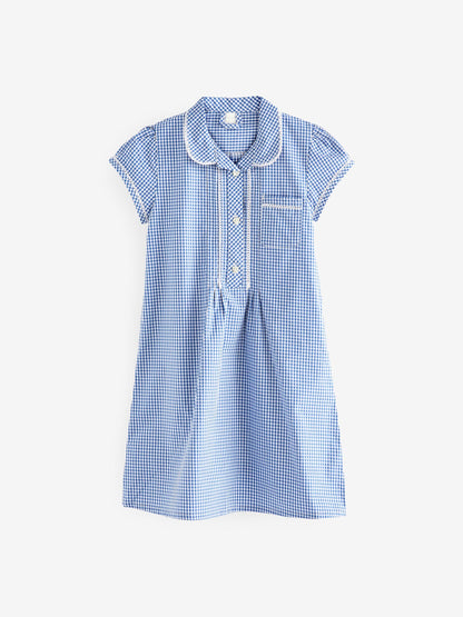 Mid Blue Cotton Rich Button Front Lace Gingham School Dress (3-14yrs) image 5
