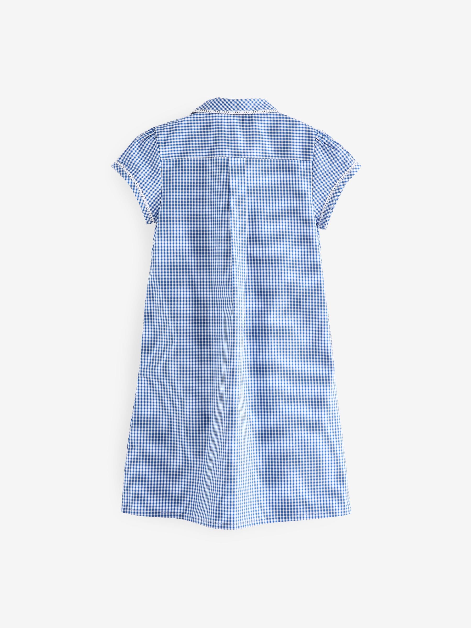 Mid Blue Cotton Rich Button Front Lace Gingham School Dress (3-14yrs) image 6