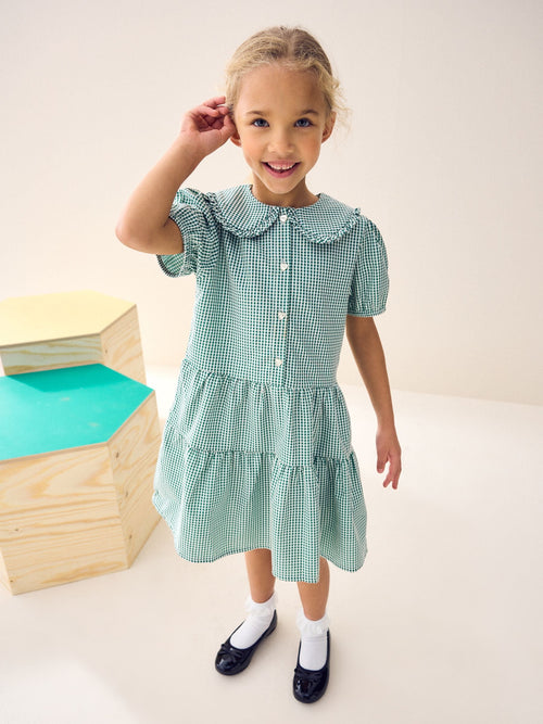Dsiney Kidz - Green Cotton Rich School Gingham Tiered Pretty Collar Dress (3-14yrs) image 1
