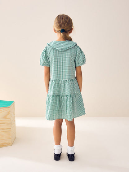 Green Cotton Rich School Gingham Tiered Pretty Collar Dress (3-14yrs) image 3