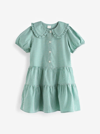Green Cotton Rich School Gingham Tiered Pretty Collar Dress (3-14yrs) image 5
