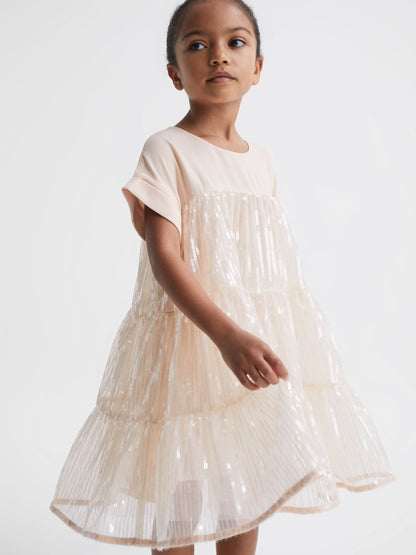 Dsiney Kidz - Reiss Pale Pink Luci 9-12 yrs Sequin Tiered Dress image 1