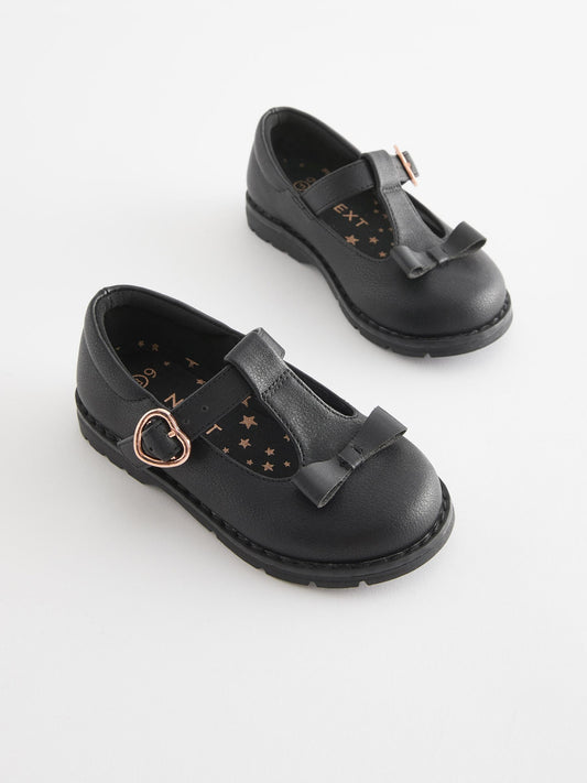 Black Matt Standard Fit (F) School Junior Bow T-Bar Shoes image 2