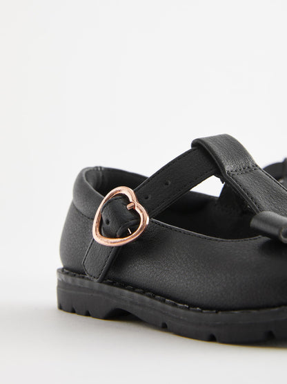 Black Matt Standard Fit (F) School Junior Bow T-Bar Shoes image 7