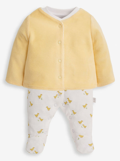 JoJo Maman Bébé Yellow Duck 2-Piece Baby Sleepsuit & Velour Jacket Set image 1