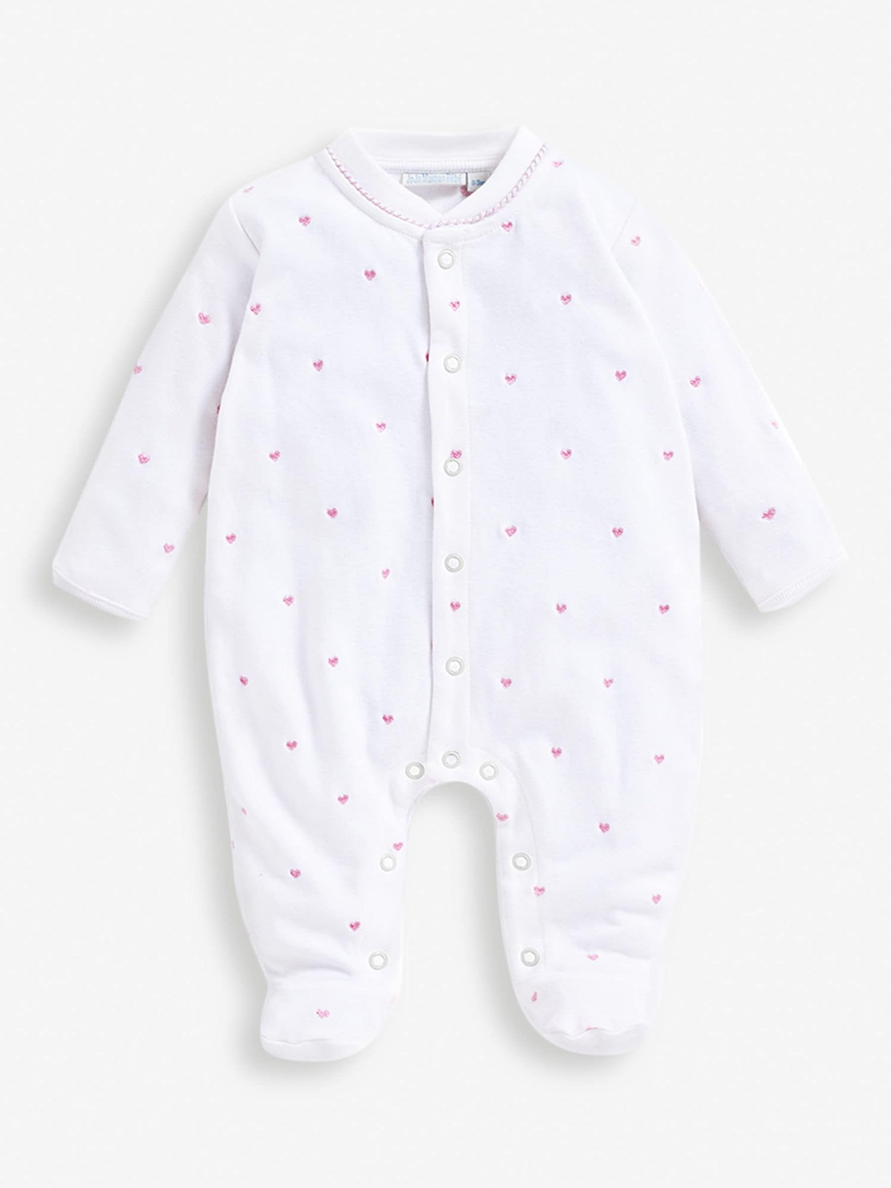 JoJo Maman Bébé Pink Heart Embroidered Cotton Baby Sleepsuit image 4