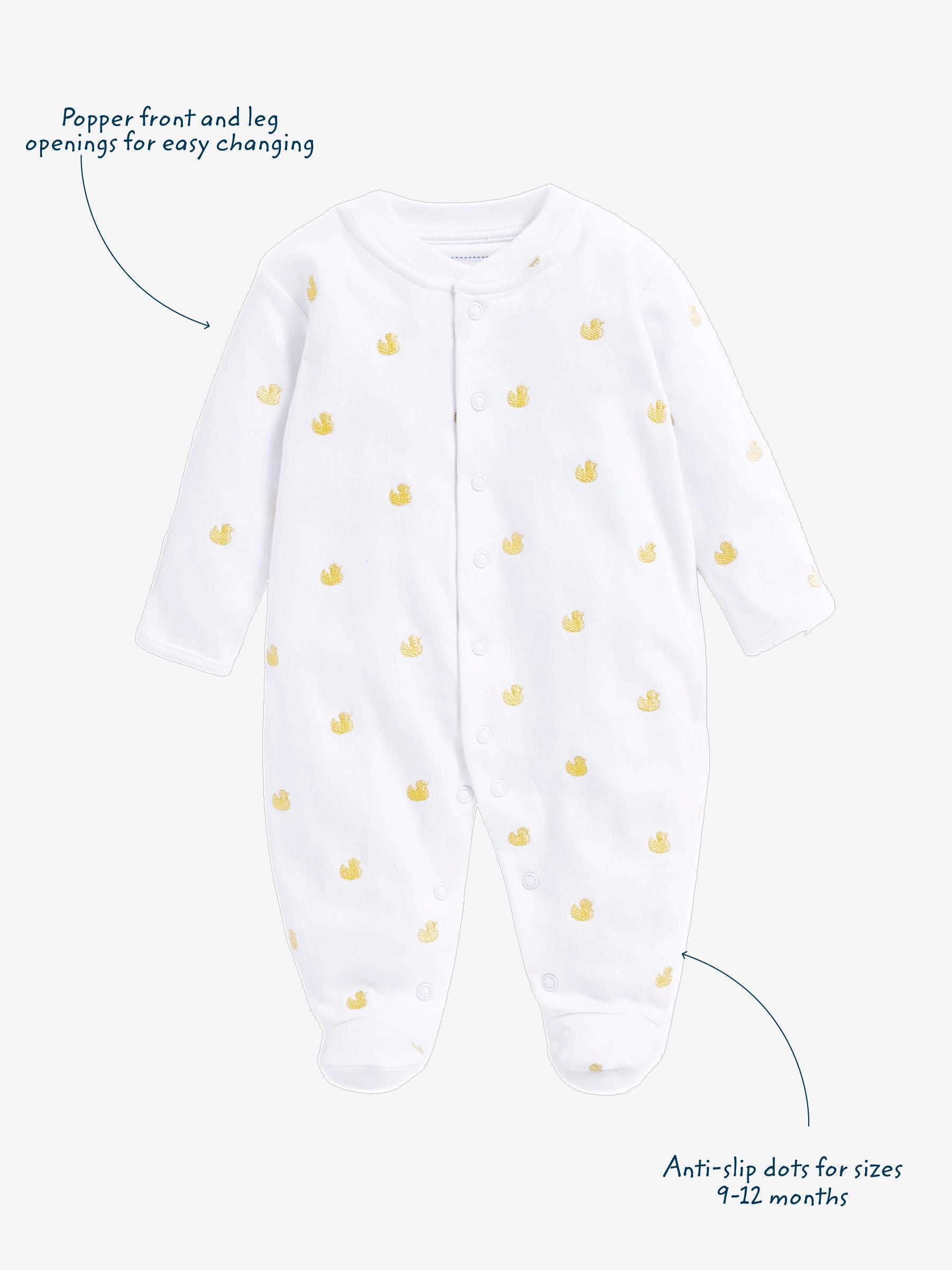JoJo Maman Bébé Yellow Duck Embroidered Cotton Baby Sleepsuit image 5