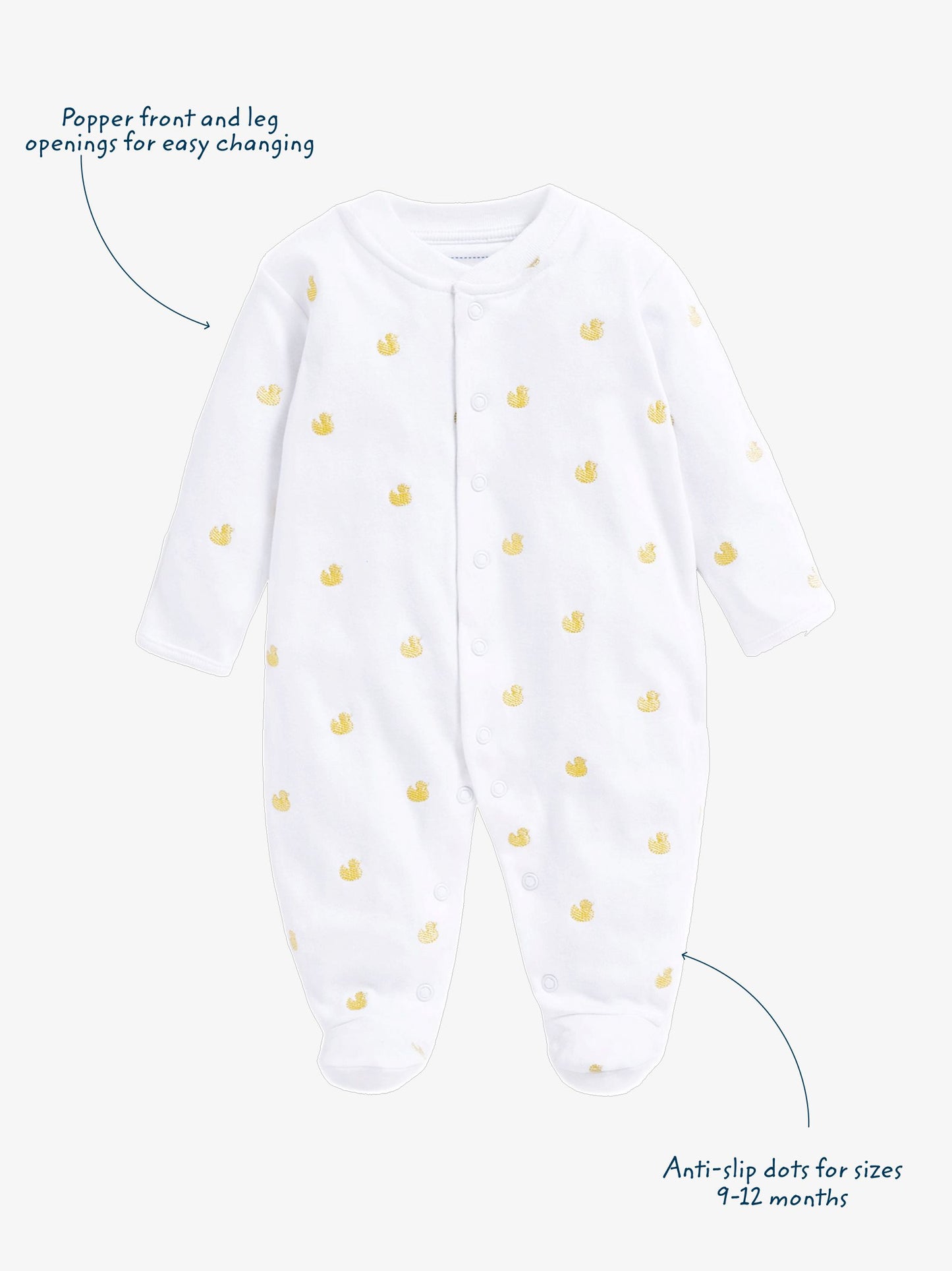 JoJo Maman Bébé Yellow Duck Embroidered Cotton Baby Sleepsuit image 5