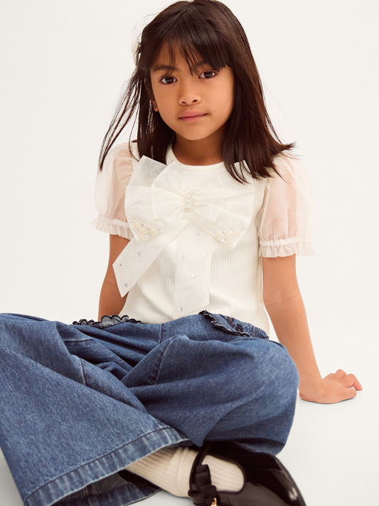 Dsiney Kidz - Monsoon Cream Embellished Puff Sleeve Bow T-Shirt image 1