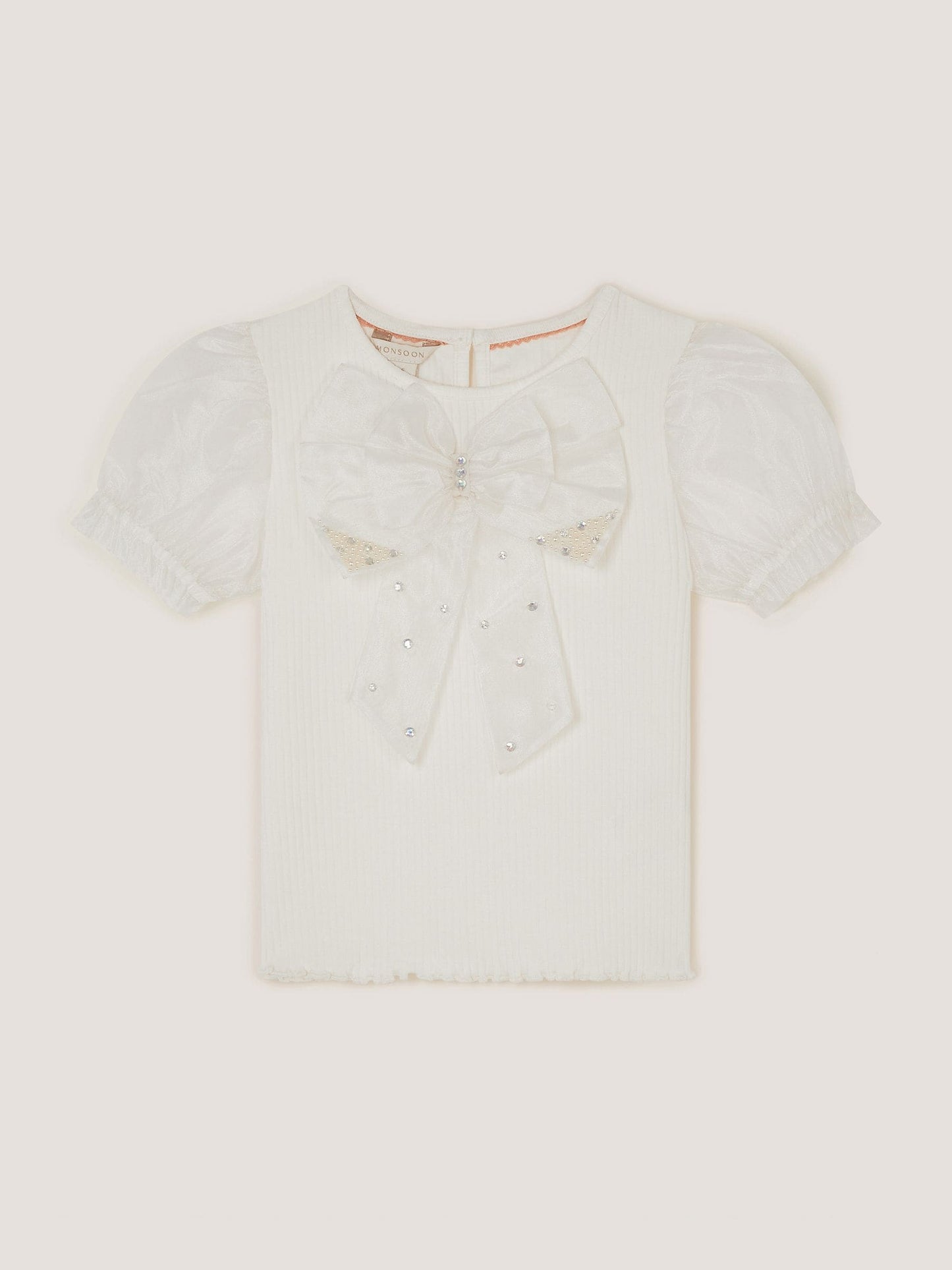 Dsiney Kidz - Monsoon Cream Embellished Puff Sleeve Bow T-Shirt image 2