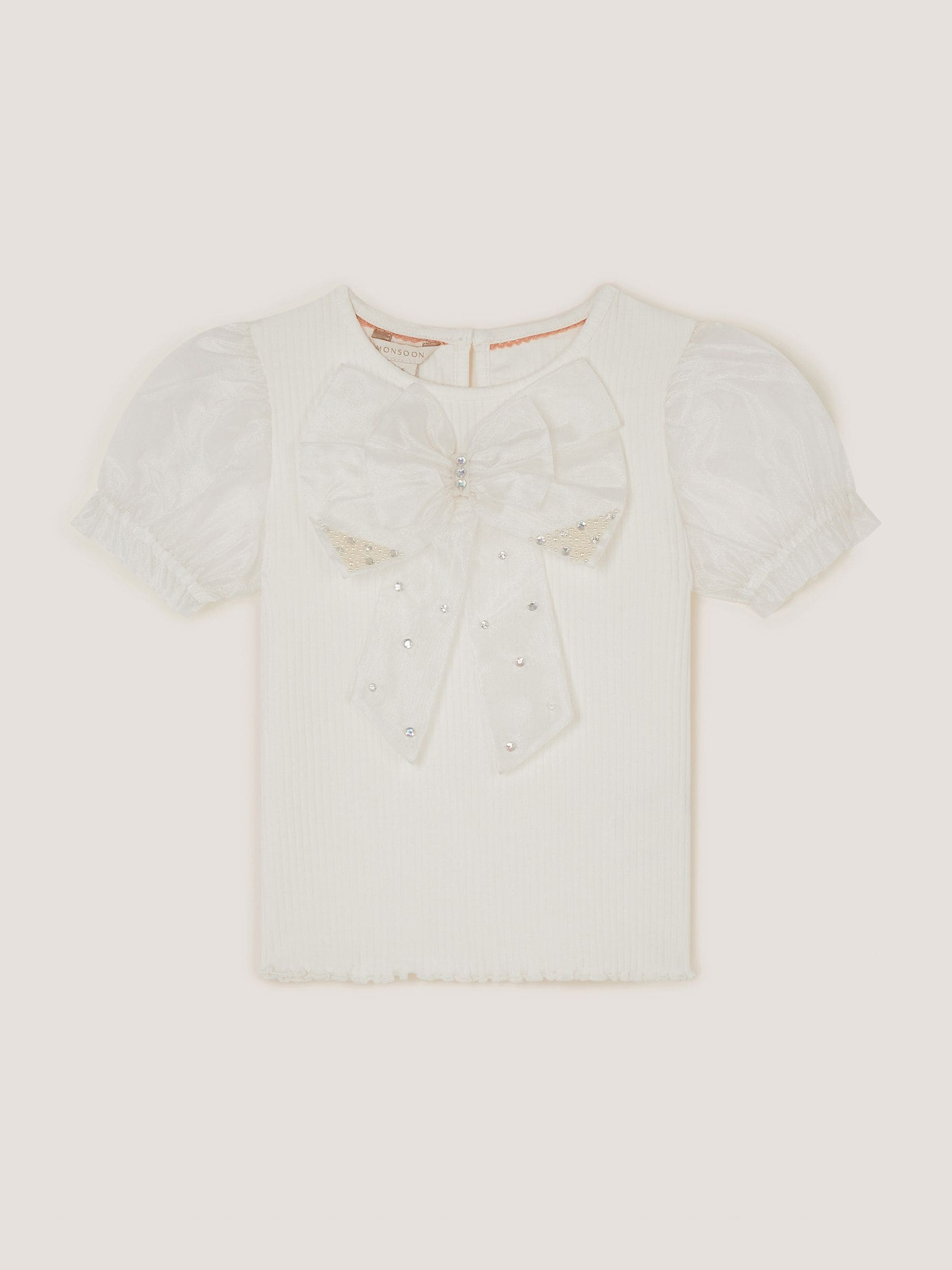 Dsiney Kidz - Monsoon Cream Embellished Puff Sleeve Bow T-Shirt image 2