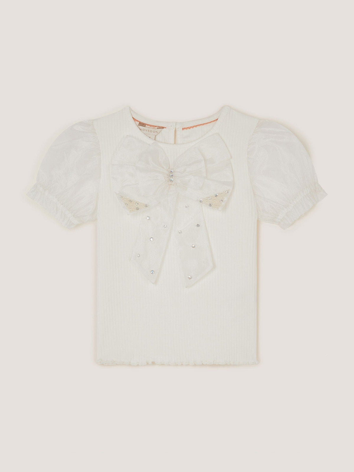 Dsiney Kidz - Monsoon Cream Embellished Puff Sleeve Bow T-Shirt image 2