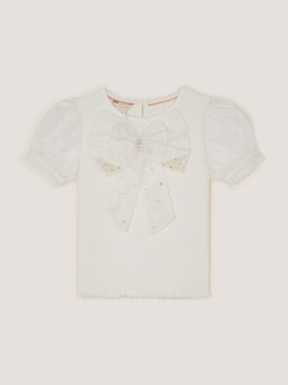 Dsiney Kidz - Monsoon Cream Embellished Puff Sleeve Bow T-Shirt image 2