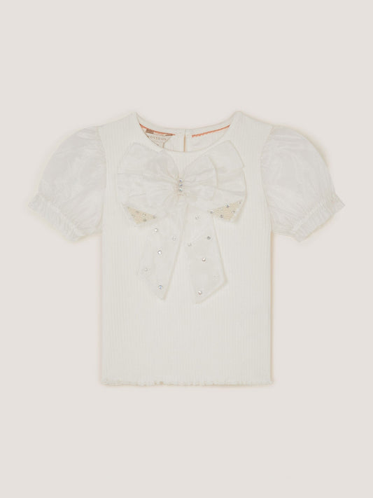 Dsiney Kidz - Monsoon Cream Embellished Puff Sleeve Bow T-Shirt image 2