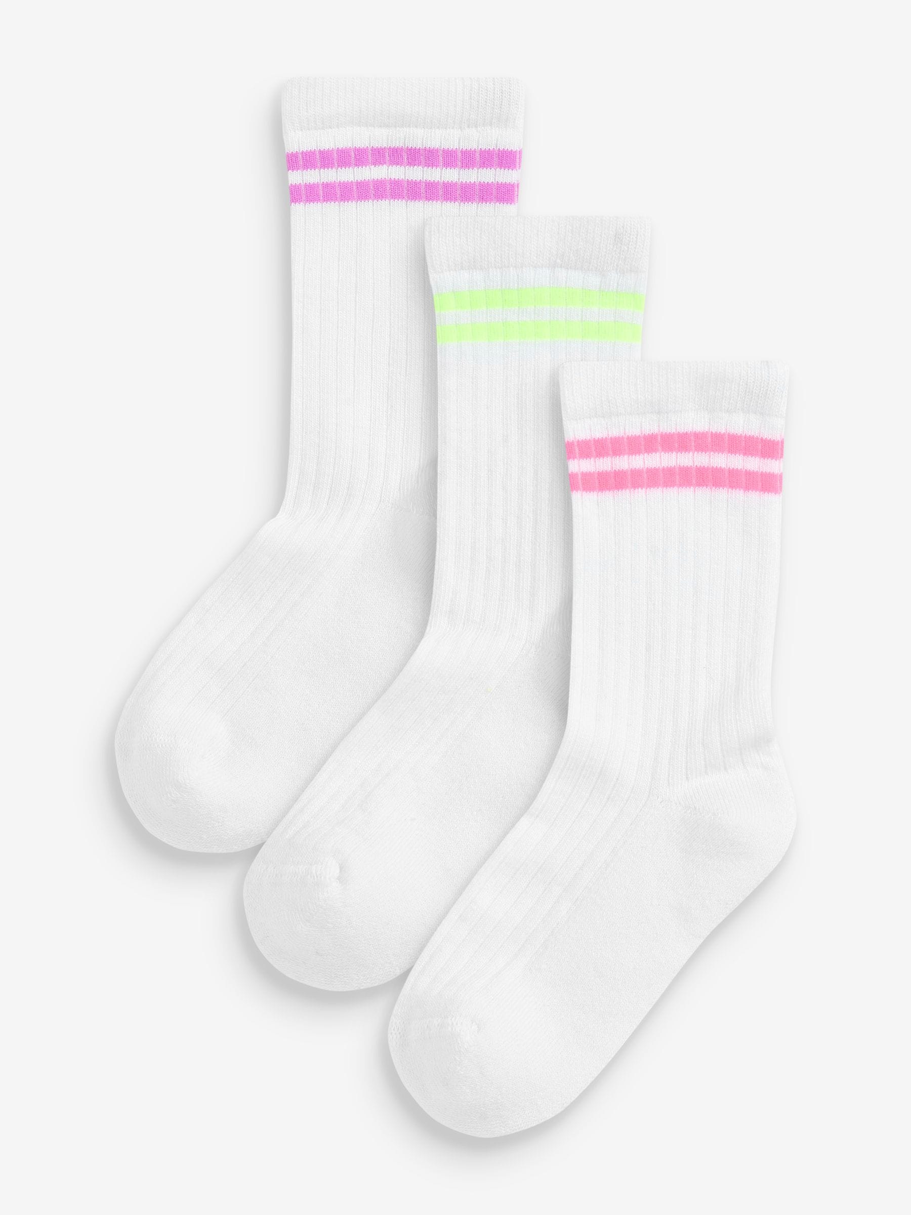 White with fluorescent stripe Cotton Rich Cushioned Sole Ankle Socks 3 Pack image 1