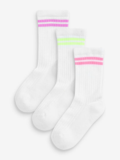 White with fluorescent stripe Cotton Rich Cushioned Sole Ankle Socks 3 Pack image 1