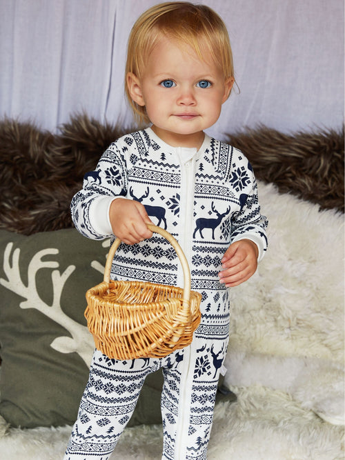 The Little Tailor Cream Baby 100% Cotton Reindeer Christmas Fairisle Pattern All-In-One image 1